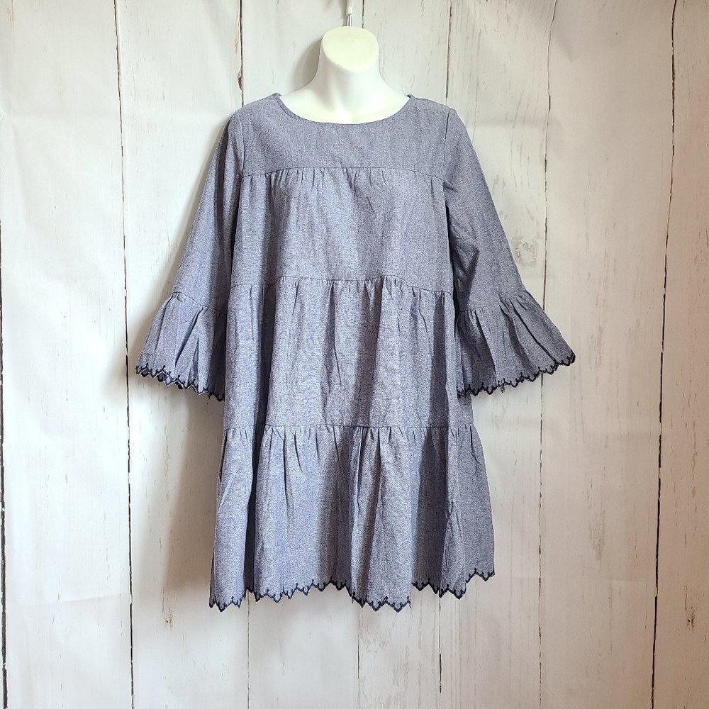 Blue Tiered denim Mini Dress Ruffle ends boutique